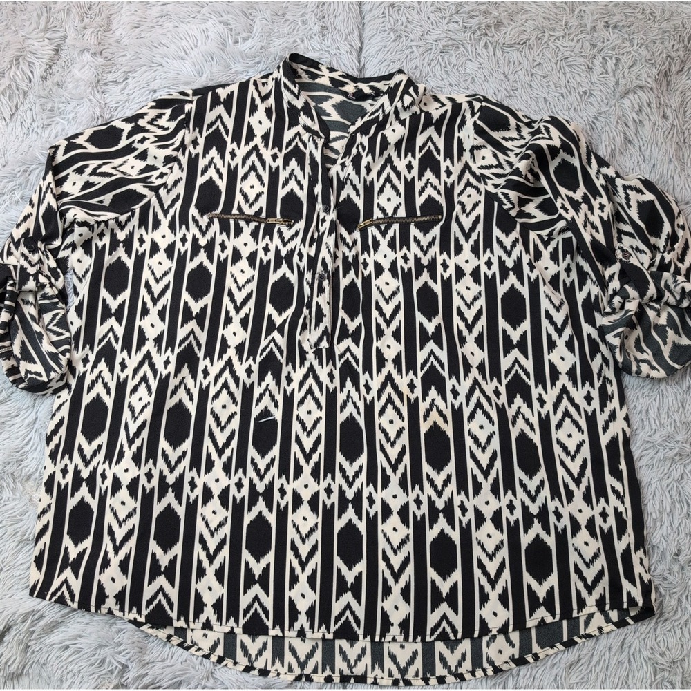 Time To Bloom Shirt Womens 3X Black Roll Tab Faux Pockets Lightweight Boho